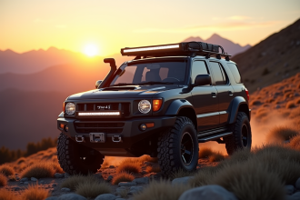 SUV tout-terrain en montagne au lever du soleil