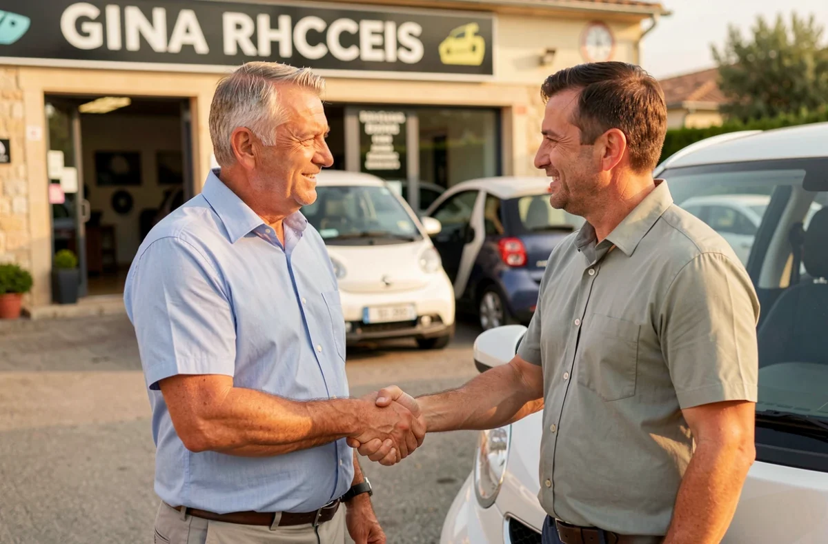Client et vendeur concluant l'achat d'une voiture sans permis dans une concession à Aubagne