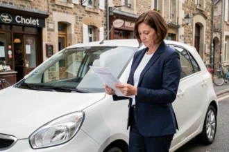 Femme examinant les documents d'une voiture sans permis d'occasion à Cholet