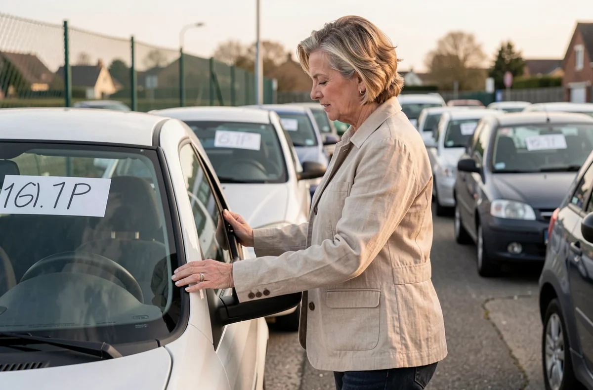Femme d'une cinquantaine d'années inspectant une voiture sans permis d'occasion dans un parc automobile en Île-de-France