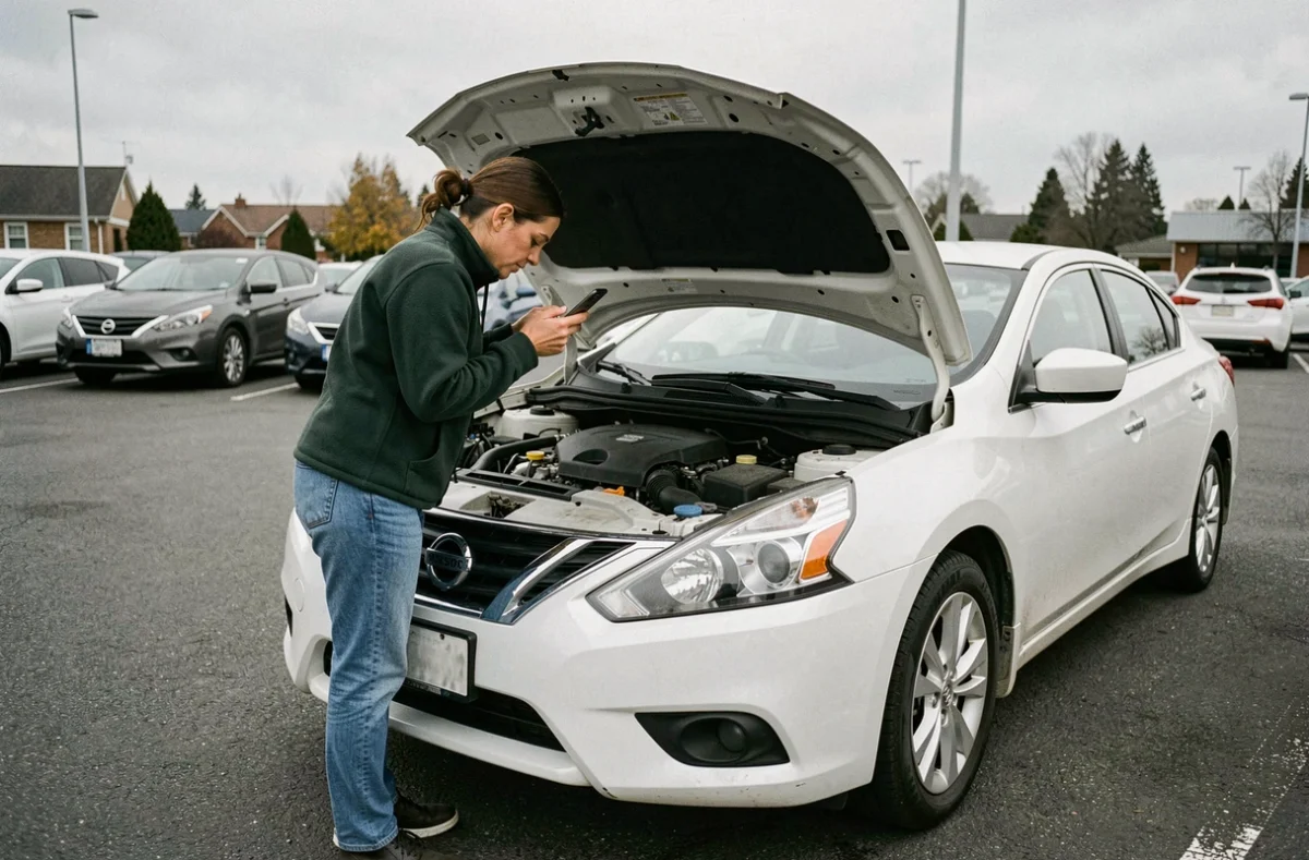 Femme vérifiant l'état du moteur d'une Nissan d'occasion dans un parking de concessionnaire