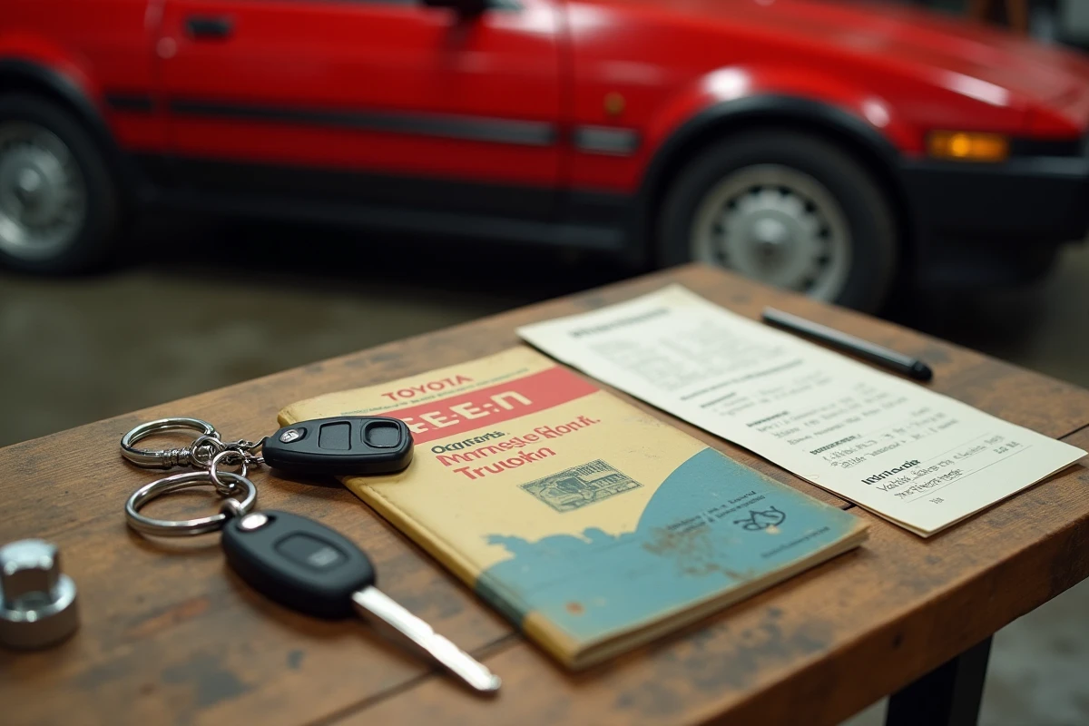 Documents de collection et clés originales d'une Toyota AE86 Trueno posés sur une table d'atelier, guide de valorisation d'une voiture japonaise emblématique