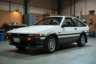 Toyota AE86 Trueno Corolla de collection garée dans un garage privé, carrosserie bicolore blanche et noire en parfait état
