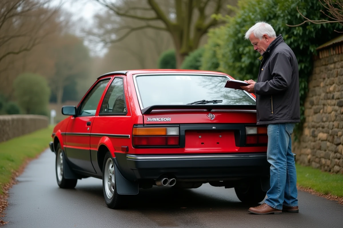 Propriétaire inspectant une Toyota AE86 Trueno rouge restaurée sur une route de campagne, évaluation d'une voiture de collection japonaise