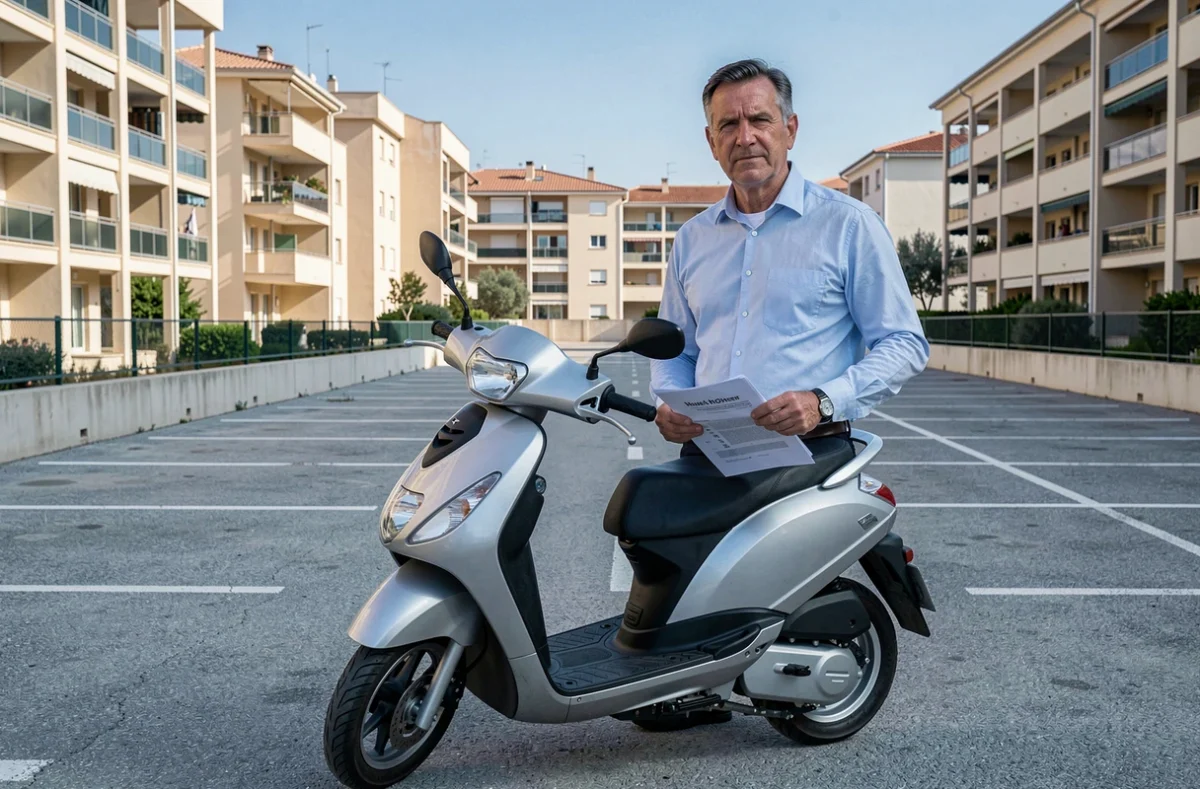 Agent d'assurance présentant un contrat d'assurance scooter 50 dans un quartier résidentiel de Marseille