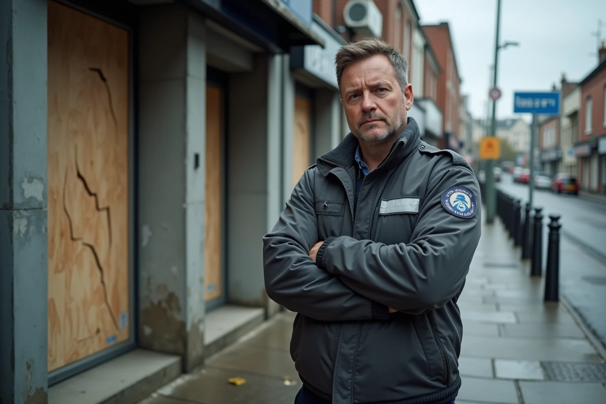 Agent de gardiennage en uniforme devant un bâtiment commercial sinistré aux fenêtres condamnées, surveillance après sinistre
