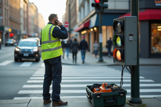 Technicien de trafic urbain parlant au téléphone près d'un panneau