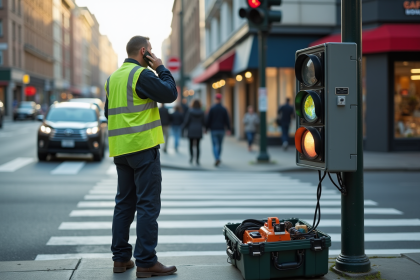 Technicien de trafic urbain parlant au téléphone près d'un panneau