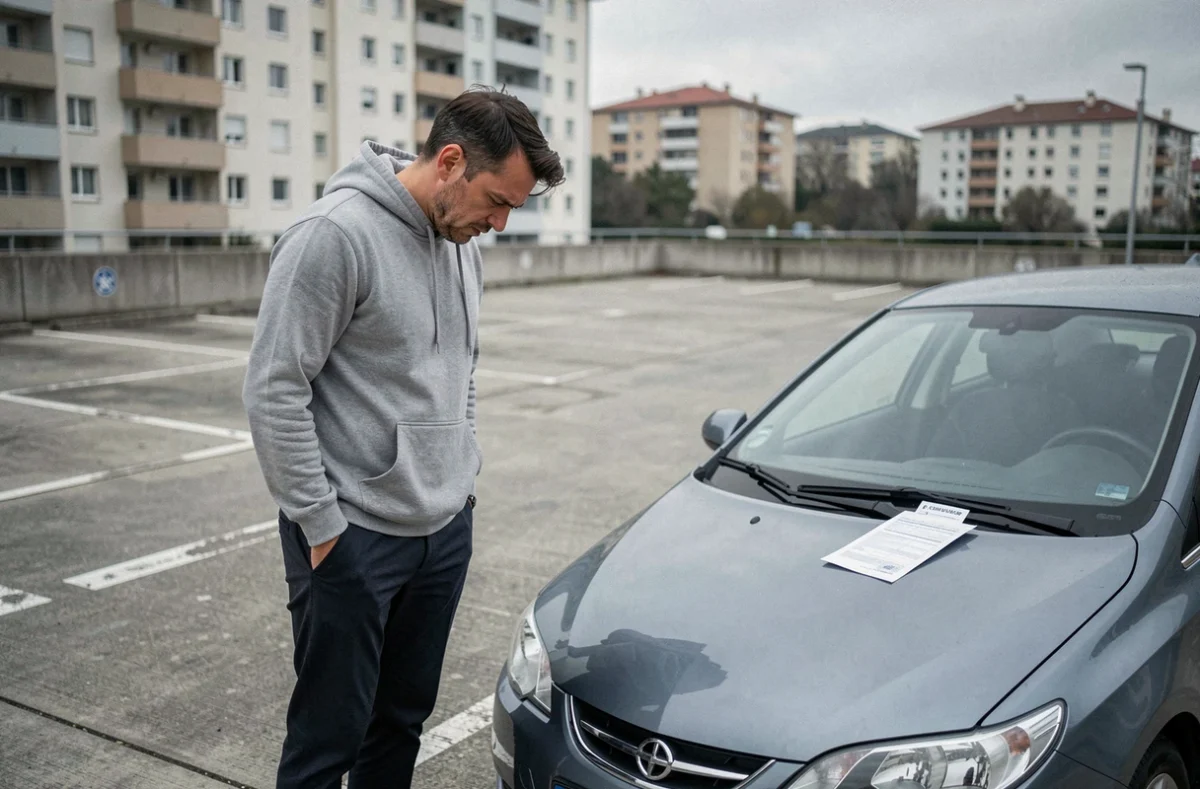 Homme découvrant une amende pour défaut d'assurance sur le pare-brise de sa voiture dans un parking urbain