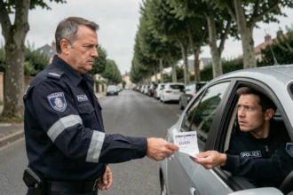 Policier remettant un procès-verbal pour défaut d'assurance à un conducteur au bord de la route