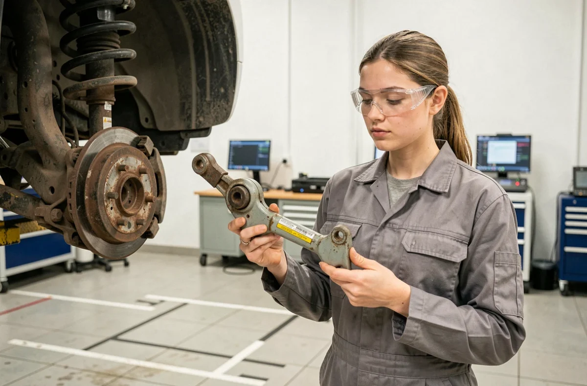 Apprentie mécanicienne comparant un airlinker usé et un neuf lors d'une opération de remplacement en atelier