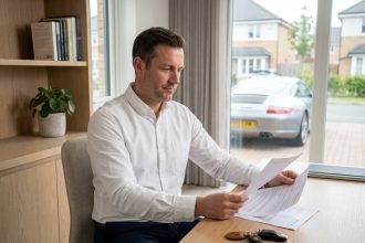 Homme consultant des documents d'assurance pour une Porsche 911 dans un bureau moderne avec les clés de la voiture posées sur le bureau