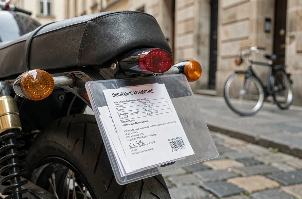 Attestation d'assurance moto glissée sous une pochette plastique derrière la plaque d'immatriculation sur rue pavée