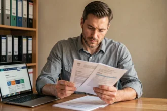 Auto-entrepreneur analysant un devis d'assurance auto à son bureau à domicile