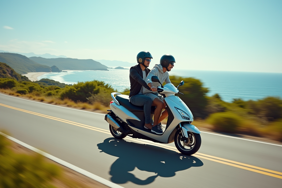 Deux motards sur un scooter haut de gamme en bord de mer