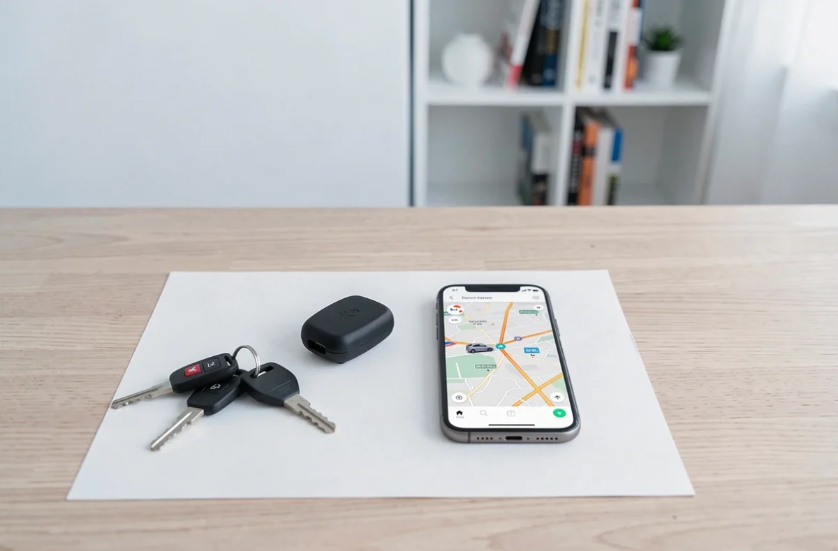 Balise GPS automobile, smartphone avec application de suivi et clés de voiture sur un bureau