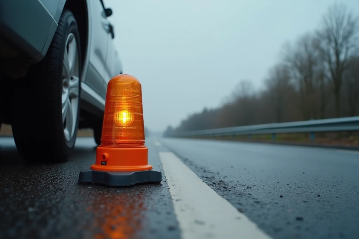 Balise V16 posée sur l'asphalte mouillé en bord d'autoroute vue en contre-plongée