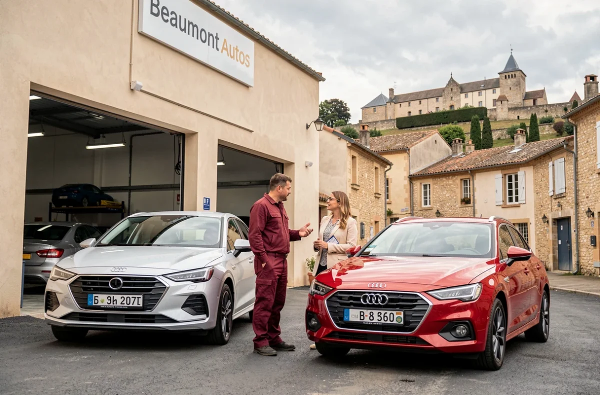 Mécanicien du garage multimarque Beaumont Autos discutant avec une cliente devant l'atelier à Beaumont-du-Périgord
