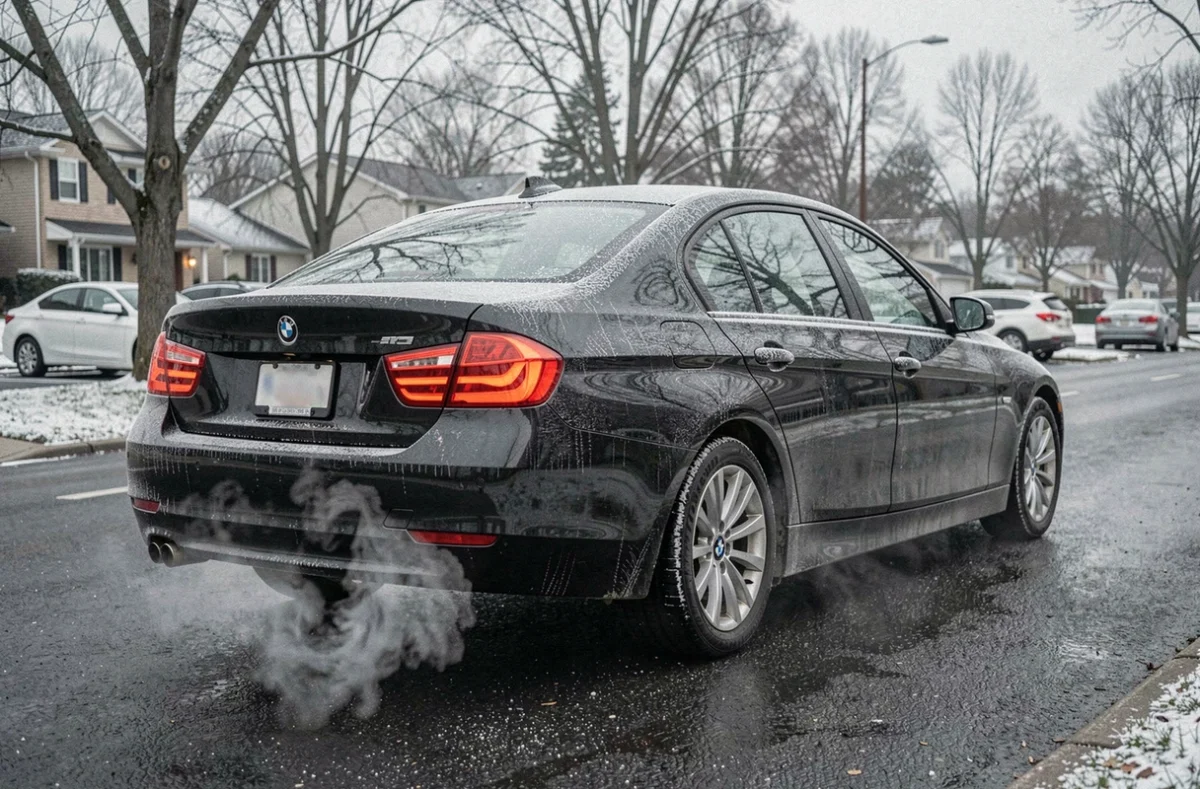 BMW Série 3 avec moteur B47 par temps froid hivernal, vapeur d'échappement visible, givre sur la carrosserie