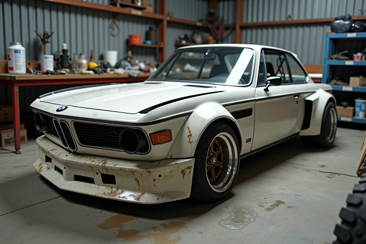 BMW CSL en cours de préparation tuning amateur dans un atelier indépendant avec carrosserie en mauvais état