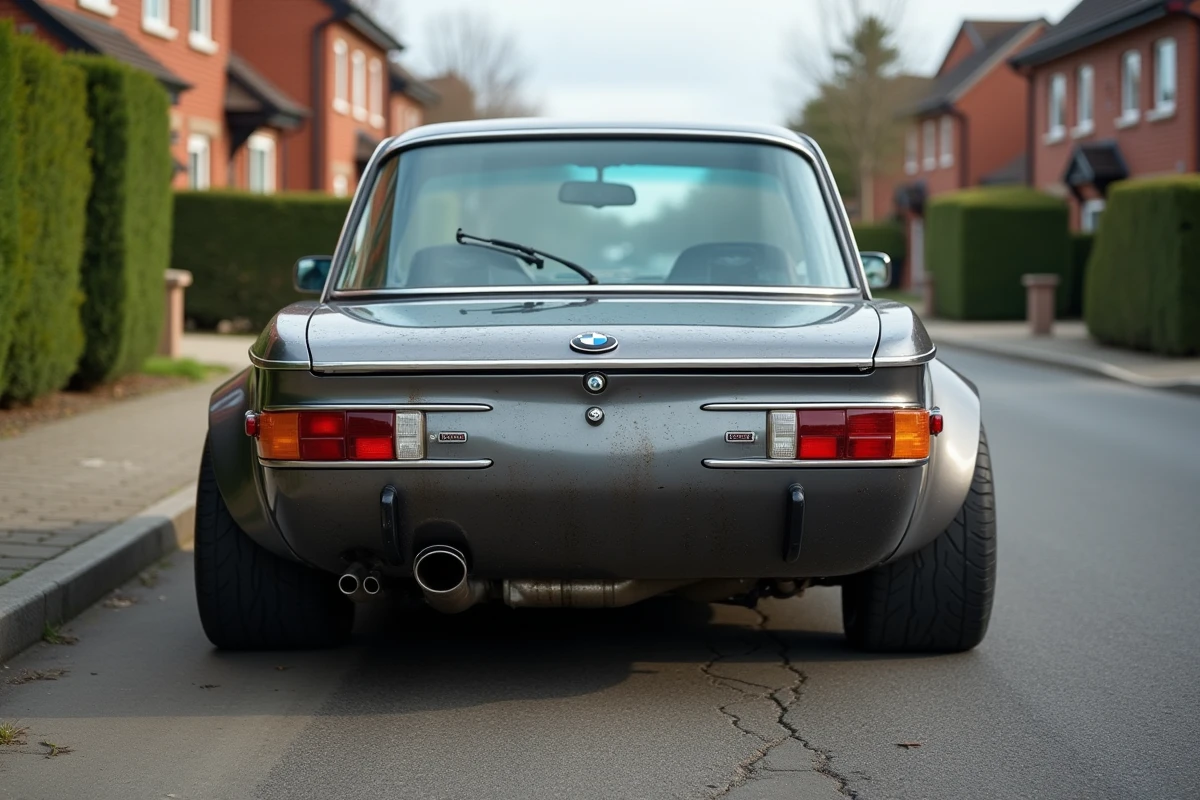 BMW CSL mal modifiée dans une rue résidentielle avec aileron mal aligné et bandes adhésives décollées