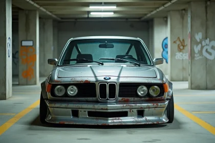 BMW CSL avec préparation tuning ratée dans un parking souterrain urbain, kit carrosserie surdimensionné et jantes dépareillées
