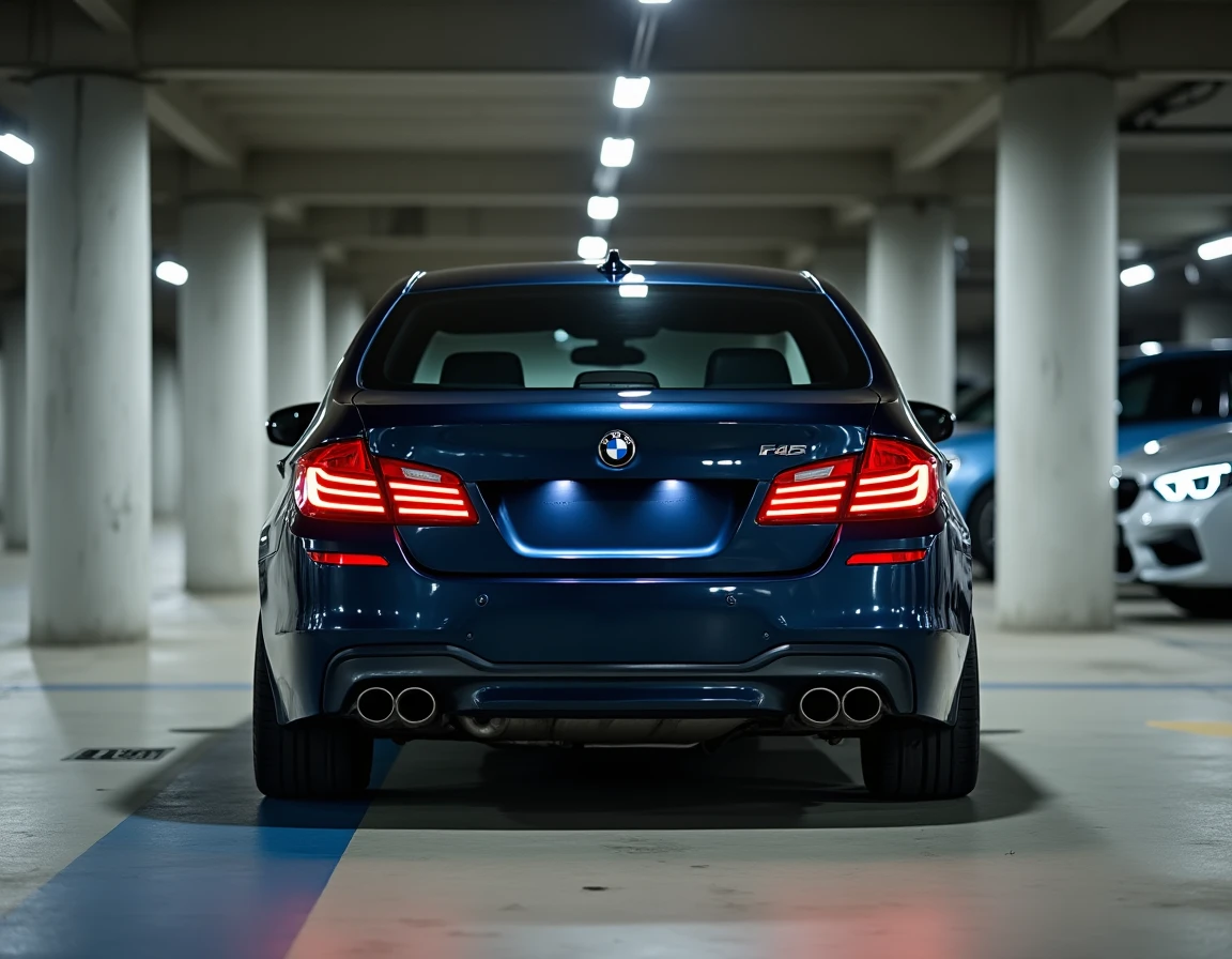 BMW Série 5 F10 bleu nuit vue arrière trois quarts dans un parking souterrain