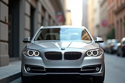 BMW Série 5 F10 argent en vue trois quarts avant garée dans une rue urbaine