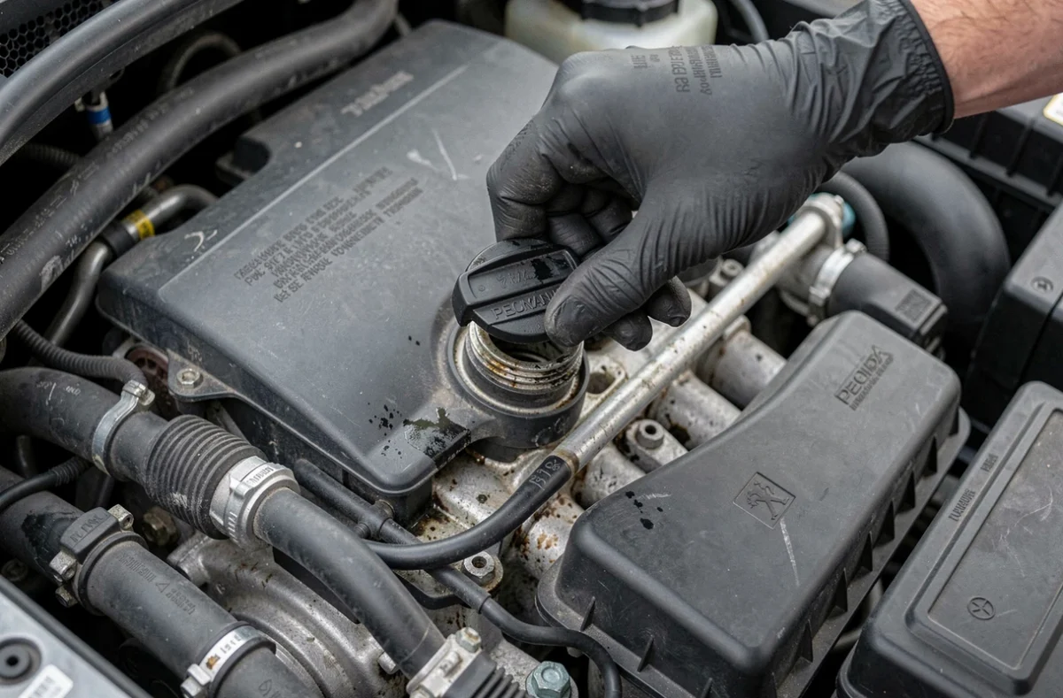 Main gantée dévissant le bouchon de remplissage d'huile moteur sur une Peugeot 208 essence