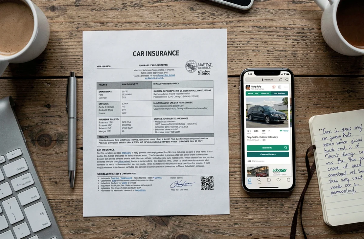 Vue de dessus d'un bureau avec documents d'assurance auto, smartphone et comparateur de prix
