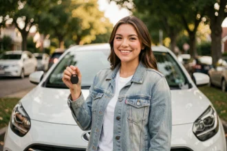 Jeune femme souriante tenant une clé de voiture après avoir obtenu son permis de conduire