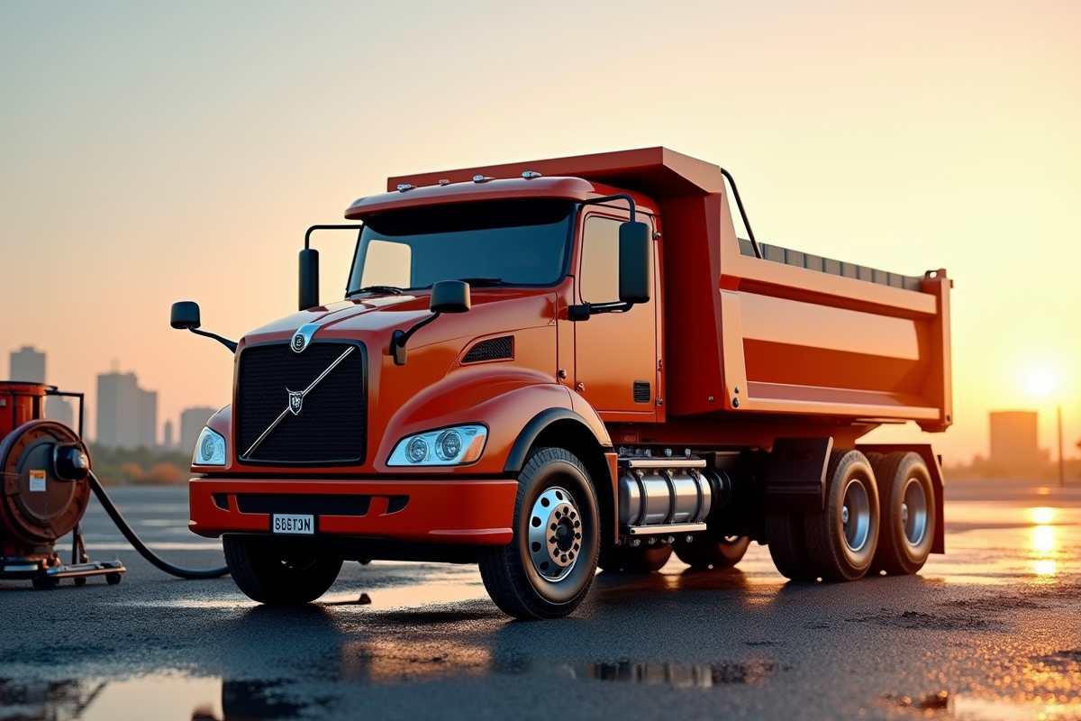 Camion benne propre au lever du soleil avec eau et outils de nettoyage