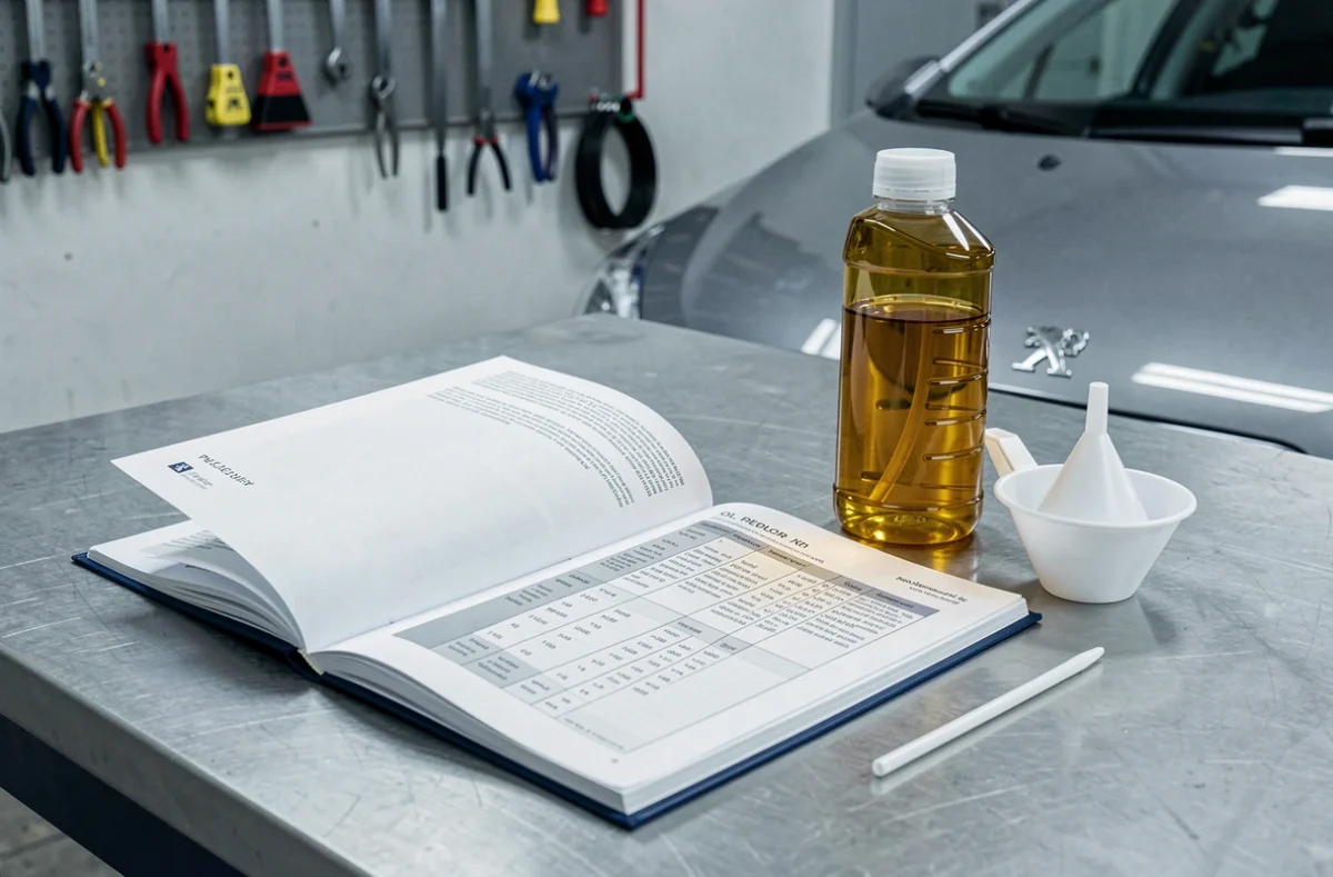 Carnet d'entretien Peugeot ouvert avec spécifications d'huile moteur à côté d'un flacon d'huile sur établi d'atelier
