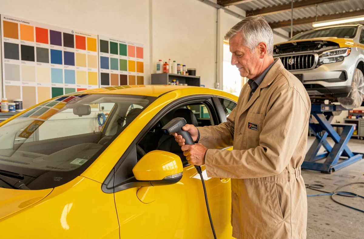 Carrossier de la Carrosserie Belleville dans le sud de l'Ain utilisant un scanner de teinte pour assortir la peinture d'un véhicule jaune