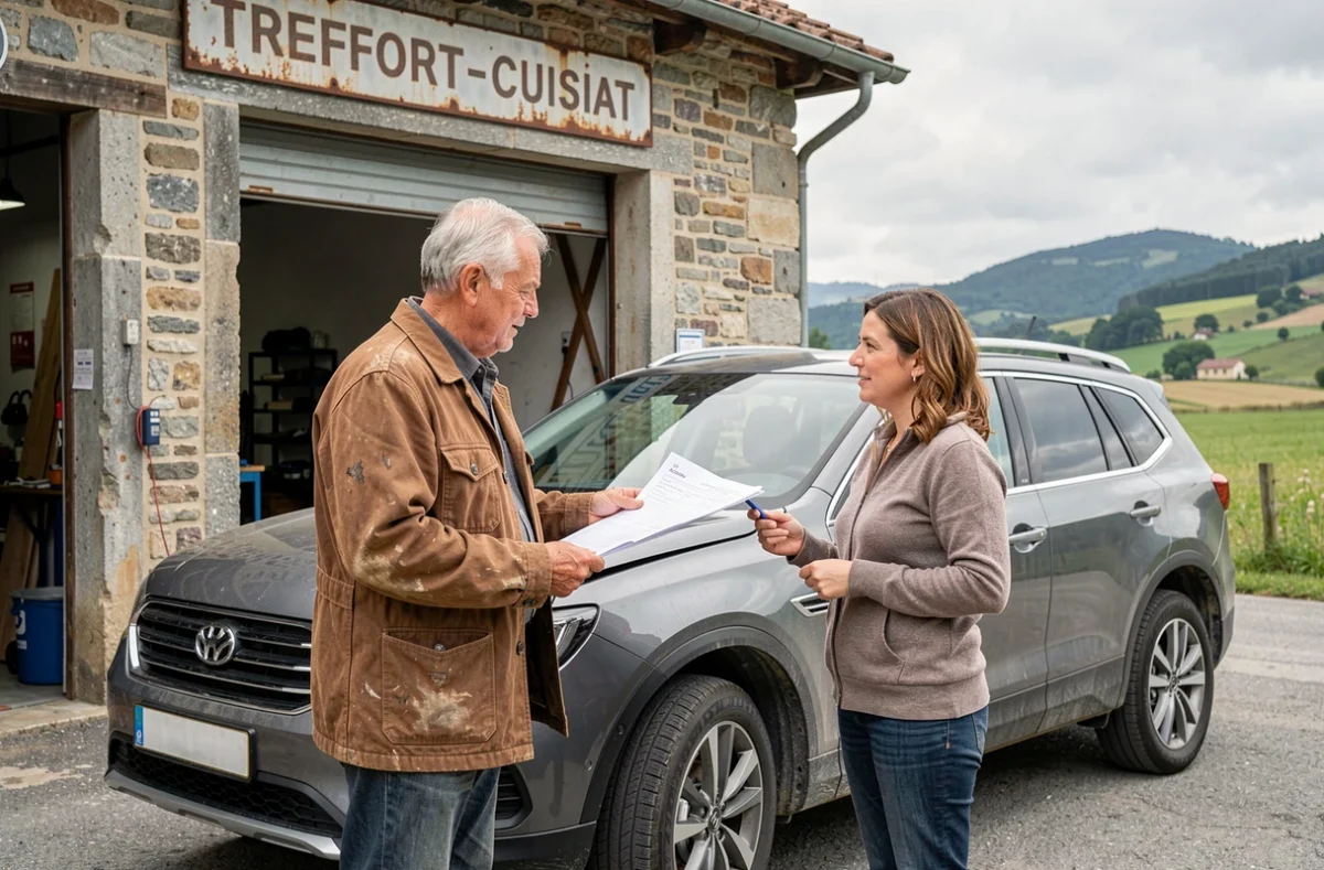 Carrossier du Revermont à Treffort-Cuisiat discutant d'un devis de réparation avec une cliente devant un SUV accidenté