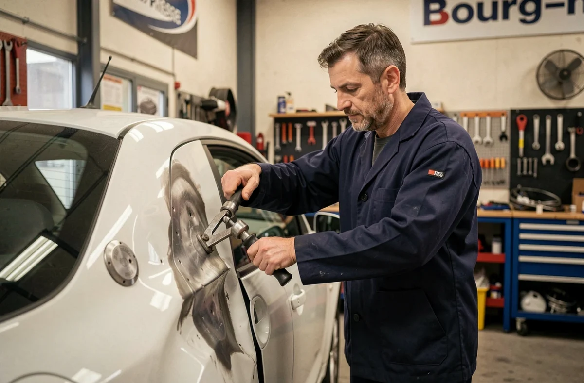 Carrossier de la Carrosserie Labalme à Bourg-en-Bresse utilisant un outil de débosselage sur le flanc d'un véhicule blanc