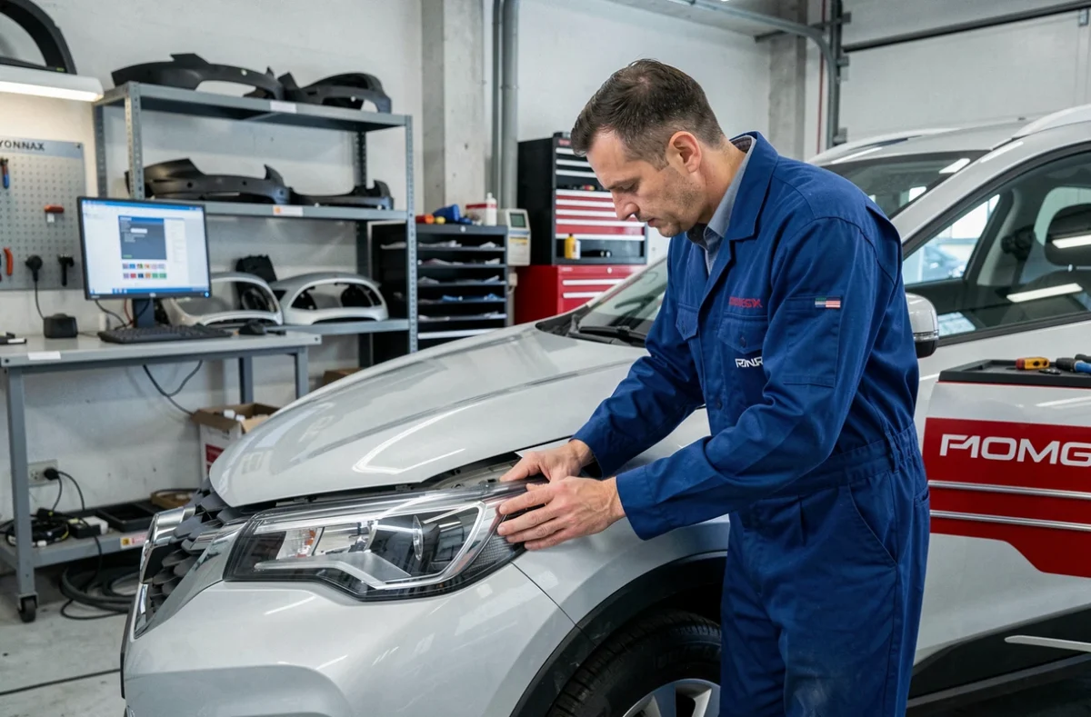 Spécialiste de la Carrosserie Oyonnaxienne à Oyonnax ajustant un pare-chocs de remplacement sur un véhicule crossover
