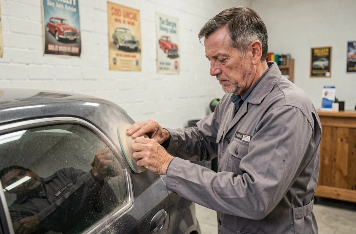 Carrossier de référence à Grilly effectuant un ponçage précis sur une portière de voiture dans son atelier