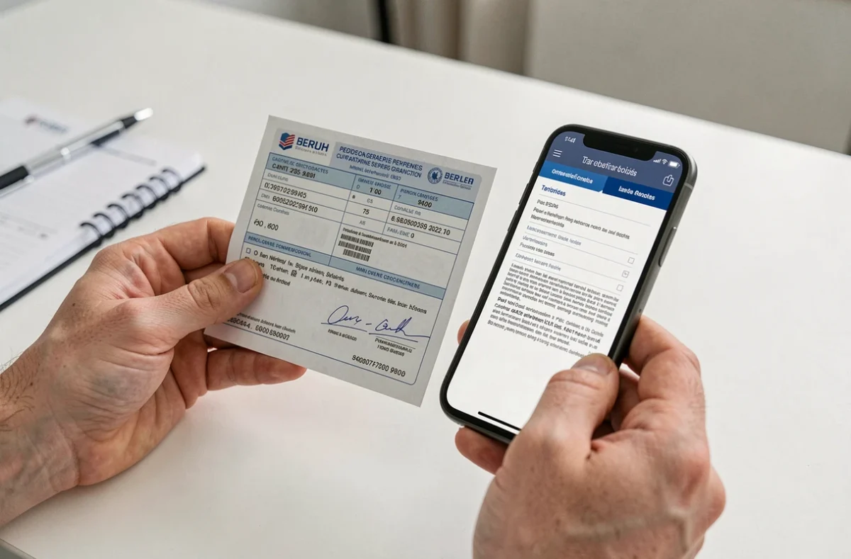 Mains tenant une carte grise et un smartphone affichant un formulaire PDF de cession de vente de véhicule