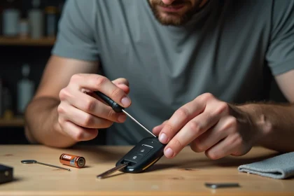 Homme changeant la pile d'une télécommande de clé Renault Clio 4 avec un tournevis sur un établi en bois