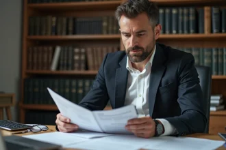 Chauffeur VTC en costume étudiant les textes officiels et la réglementation sur l'équivalence de formation