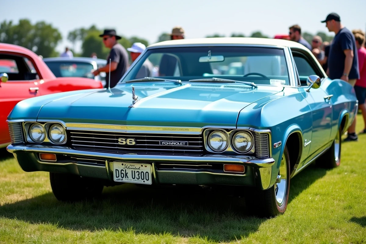 Chevrolet Impala 4 portes 1967 en bleu Marina avec toit vinyle blanc exposée lors d'un salon de voitures classiques américaines