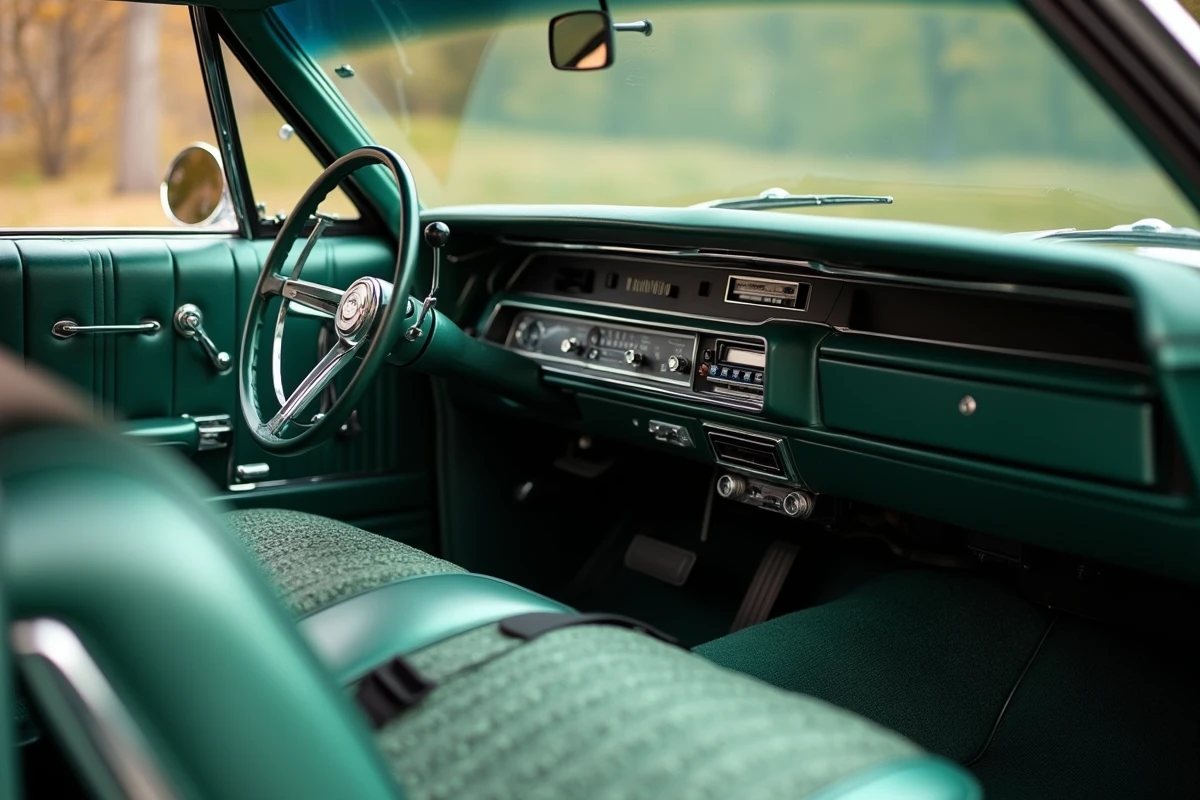 Intérieur d'origine d'une Chevrolet Impala 1967 avec tableau de bord, radio AM d'usine et garniture en vinyle period correct