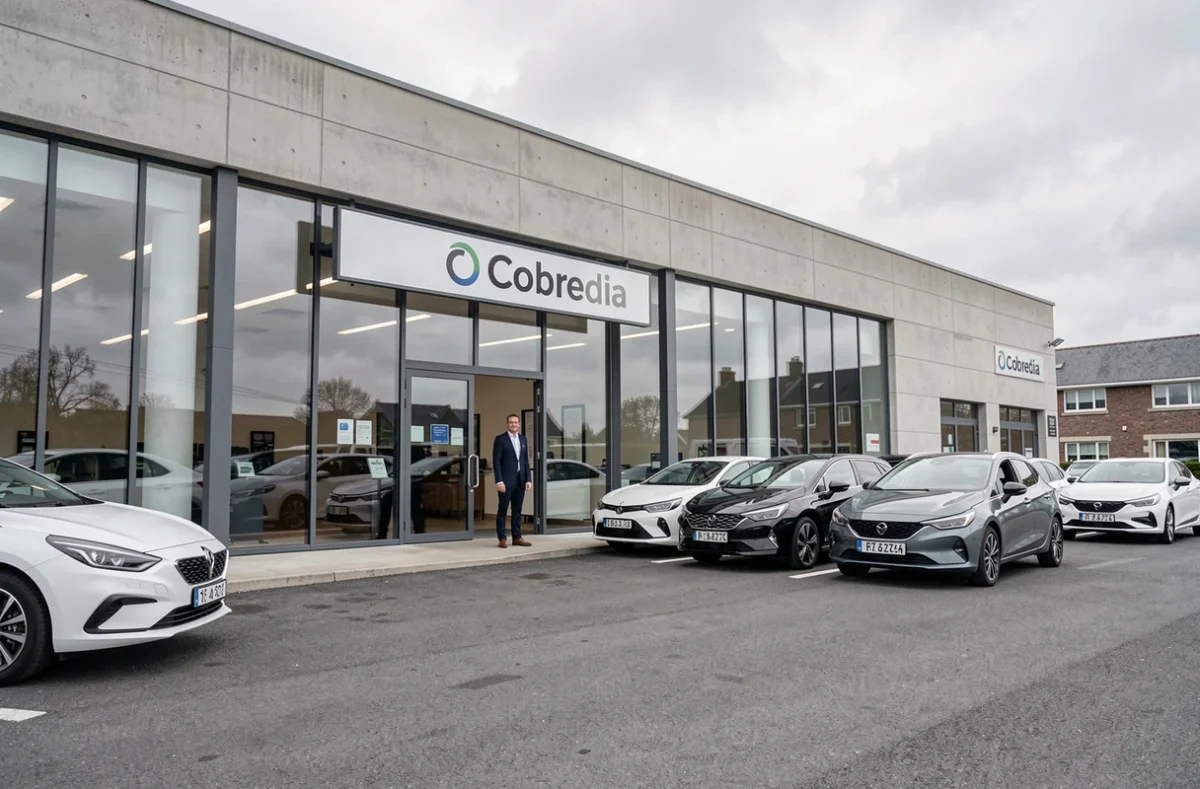 Façade extérieure du concessionnaire Cobredia en Bretagne avec des véhicules neufs exposés sur le parvis