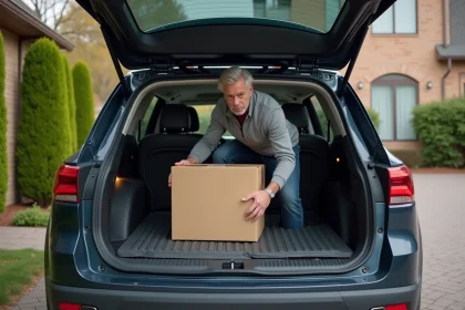 Coffre de SUV 2026 ouvert avec banquette arrière rabattue formant un plancher plat, homme chargeant un carton