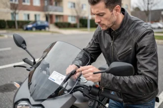 Motard appliquant l'attestation d'assurance moto sur le pare-brise de sa moto dans un parking urbain