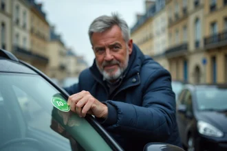 Homme collant une vignette Crit'Air verte sur le pare-brise de sa voiture dans une rue française