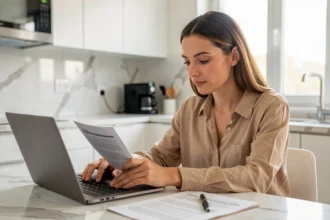 Femme comparant des offres d'assurance auto sur ordinateur portable à la maison pour trouver la moins chère