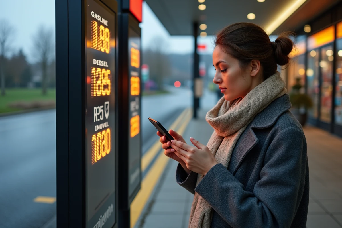 Femme comparant les prix de l'éthanol E85 et de l'essence SP95 sur un panneau d'affichage de station-service en France