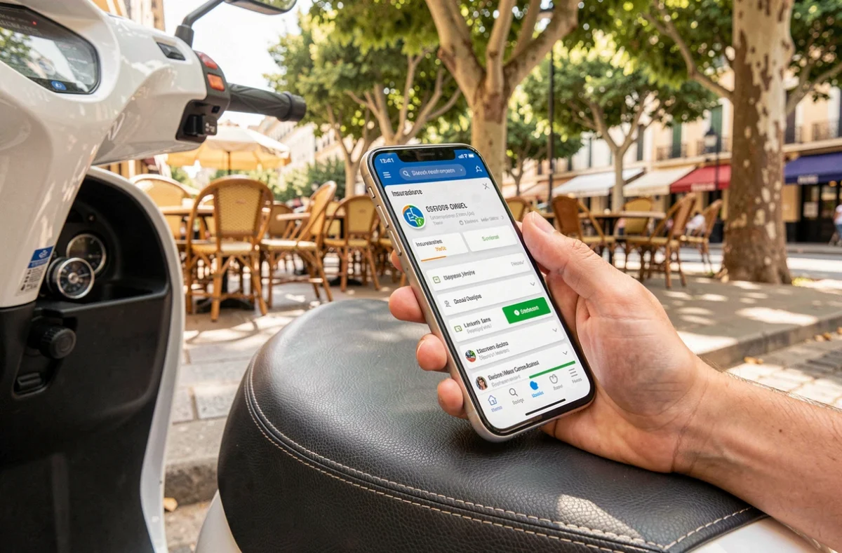 Main tenant un smartphone comparant des assurances scooter 50 en ligne, posée sur un scooter à Marseille